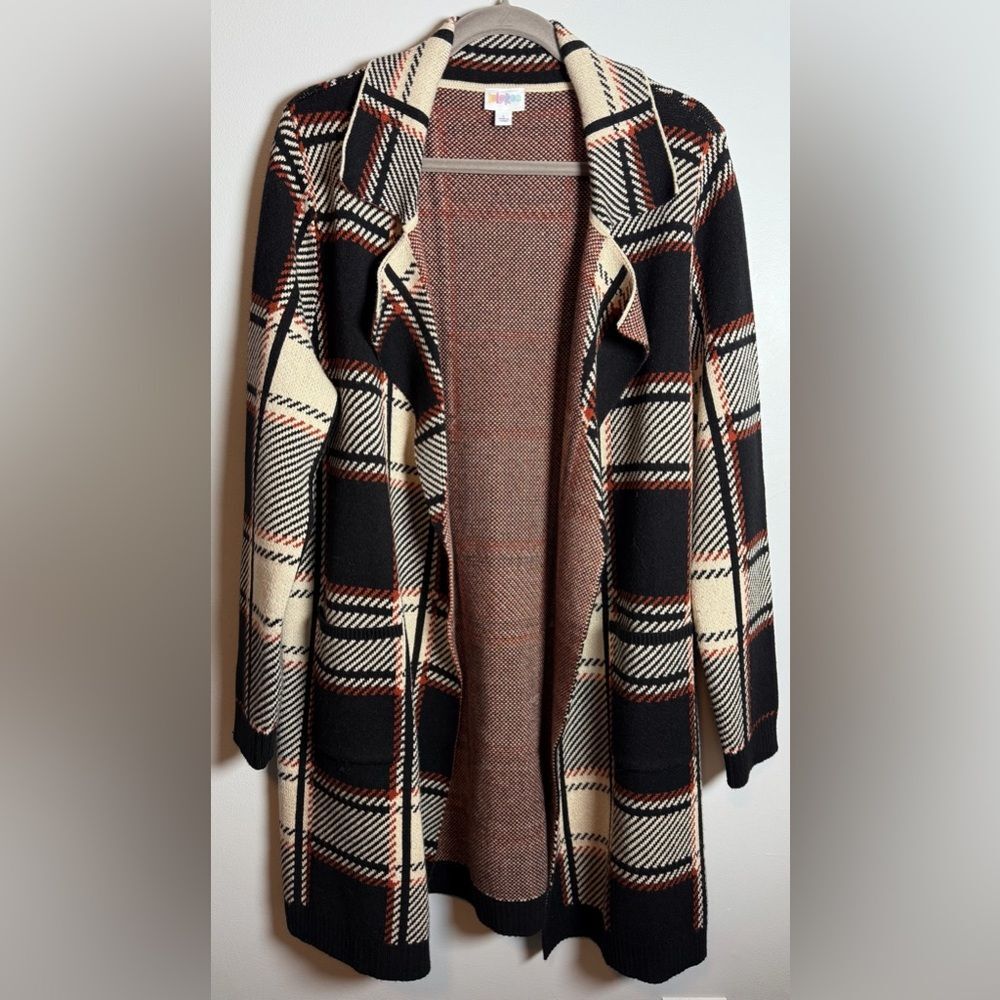 LuLaRoe Black and Cream Plaid Cardigan Coat Sweater SZ L fits 12-16